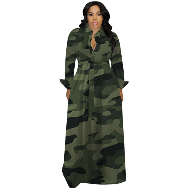 3XL Camouflage Print Winter Dress Buttoned Turn Down Collar Long Sleeve Long Length Plus Size Women