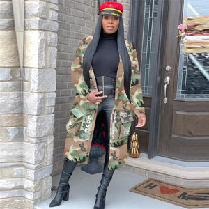 Womens Plus Size Camouflage Print Trench Coat Long Length