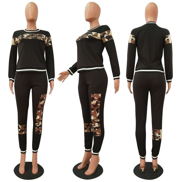 3XL 2 Piece Set Patchwork Black Leopard or Camouflage Print O Neck Long Sleeve Top w/ Pants Plus Size Women