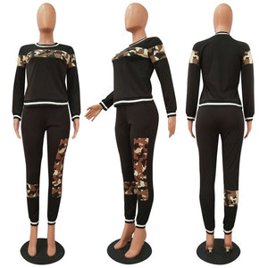 3XL 2 Piece Set Patchwork Black Leopard or Camouflage Print O Neck Long Sleeve Top w/ Pants Plus Size Women