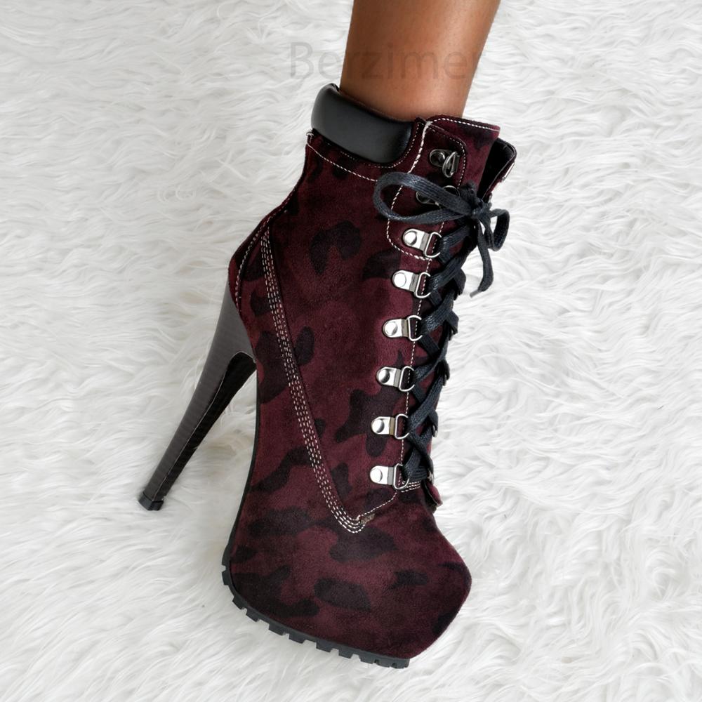 Womens Plus Size Red Wine Camouflage Print Platform Lace Up Ankle Boots 