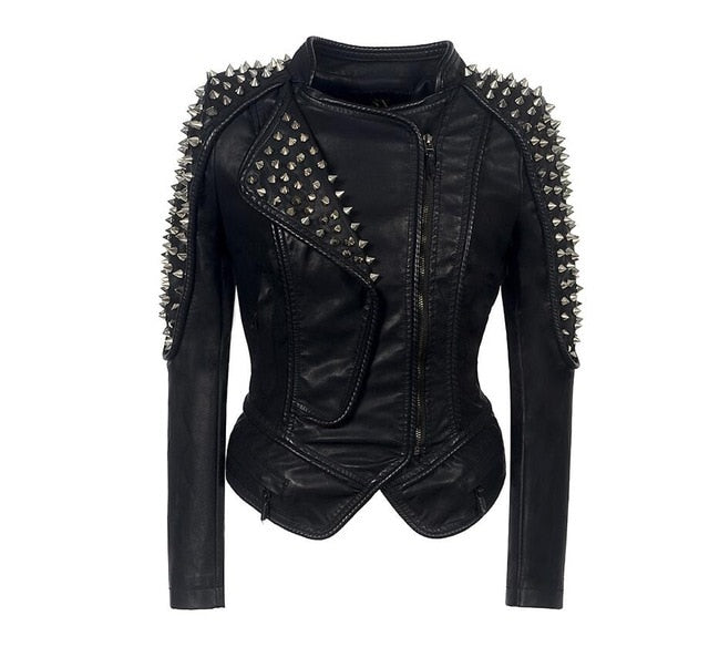 6XL Black Faux Leather Biker Jacket w/ Rivet Embellishings Slim Fit Plus Size Women