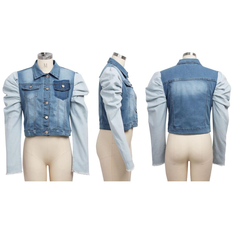 2XL Patchwork Puff Sleeve Multi Blue Denim Crop Jacket Turn Down Collar Long Sleeve Plus Size Women