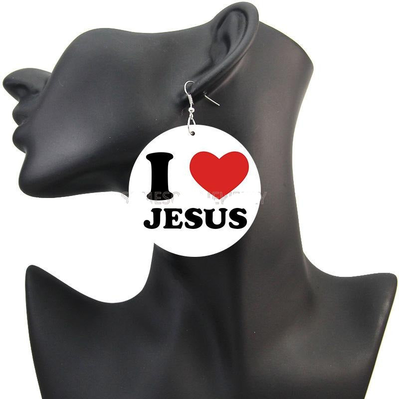 Womens Jewelry Photo Fashion Round Wood Drop Earrings  I Love Jesus