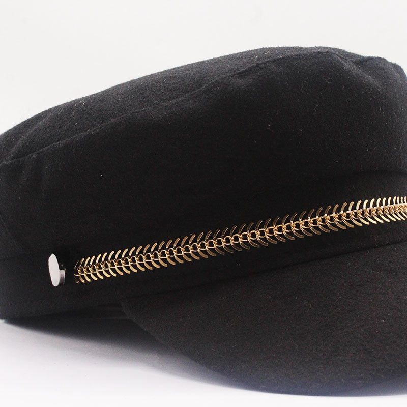 Paperboy Navy Wool Cap w/ Gold Leaf Trim Womens Plus Size