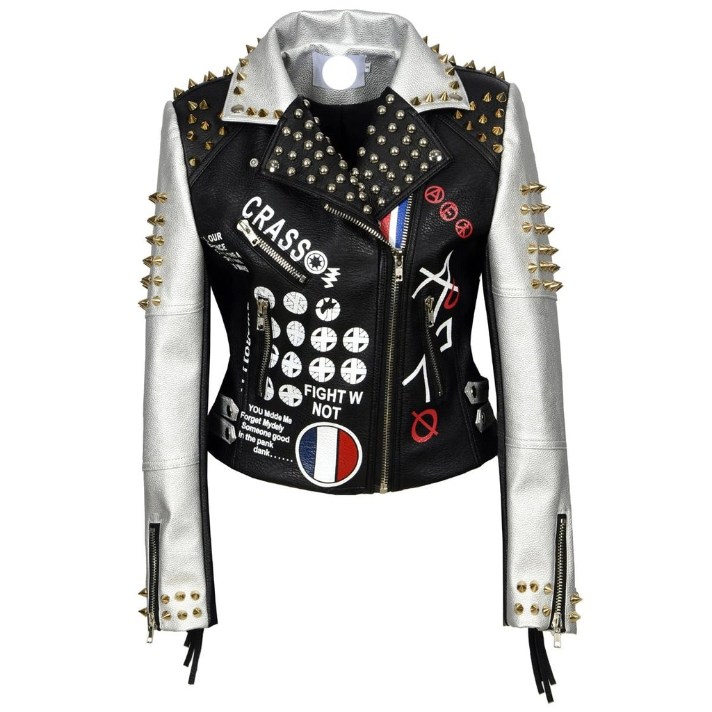 Womens Plus Size Black & White Patchwork Faux Leather Biker Jacket w/ Punk Spike Embellishings