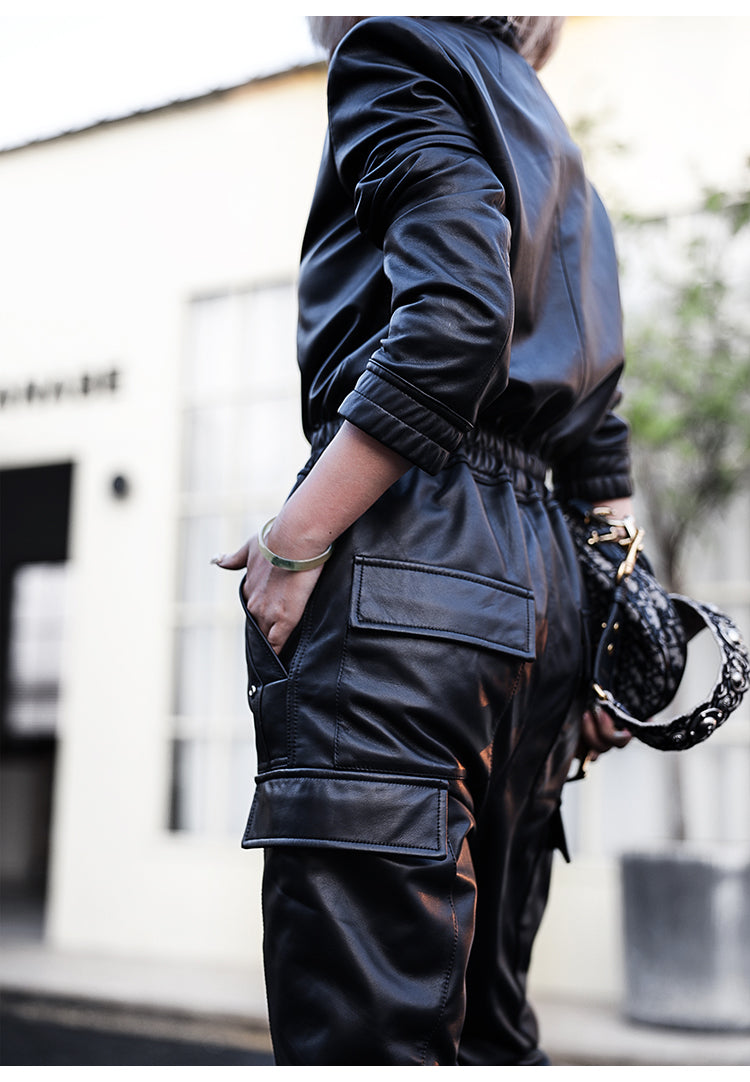 5XL Black Faux Leather Boyfriend Romper  Long Sleeve Zipper Closure Plus Size Women