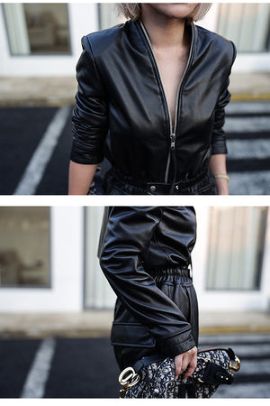 5XL Black Faux Leather Boyfriend Romper  Long Sleeve Zipper Closure Plus Size Women