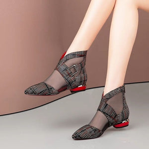 Patchwork Plaid Mesh Low Heel Ankle Shoes Womens Shoes