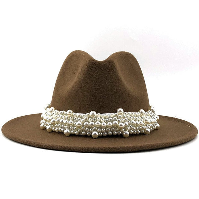 Wool Fedora Hats w/ Pearl Ribbon Trim Womens Accessories