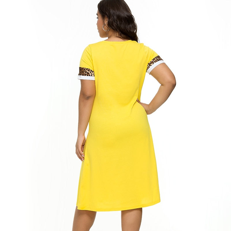 4XL Yellow & Bold Stripe Leopard Print Summer Dress O Neck Short Sleeve Knee Length Plus Size Women