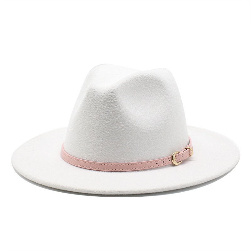Womens Accessories Unisex Fedora Hats w/ Pink Belt Trim Black White Blue Gray Blue Brown Purple Red Pink Green or Yellow