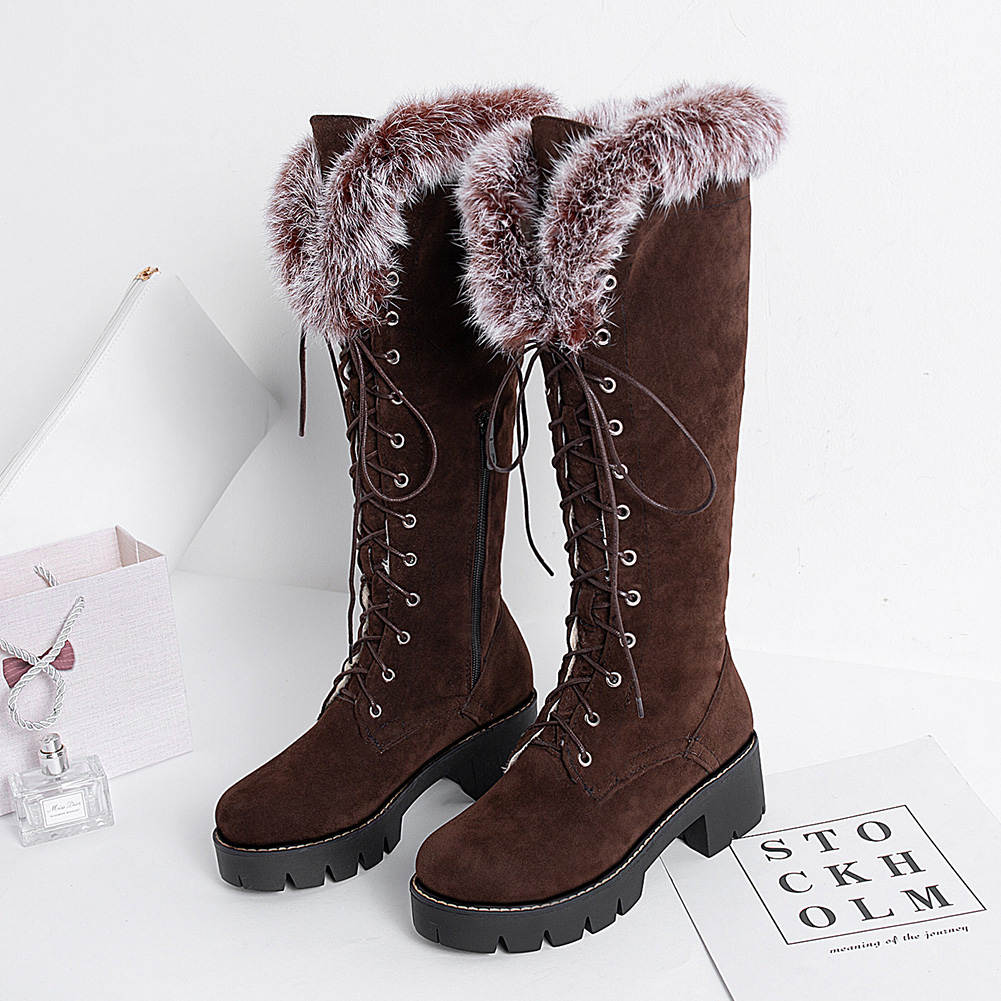 Knee High Flock Winter Snow Boots w/ Faux Fur Womens Shoes