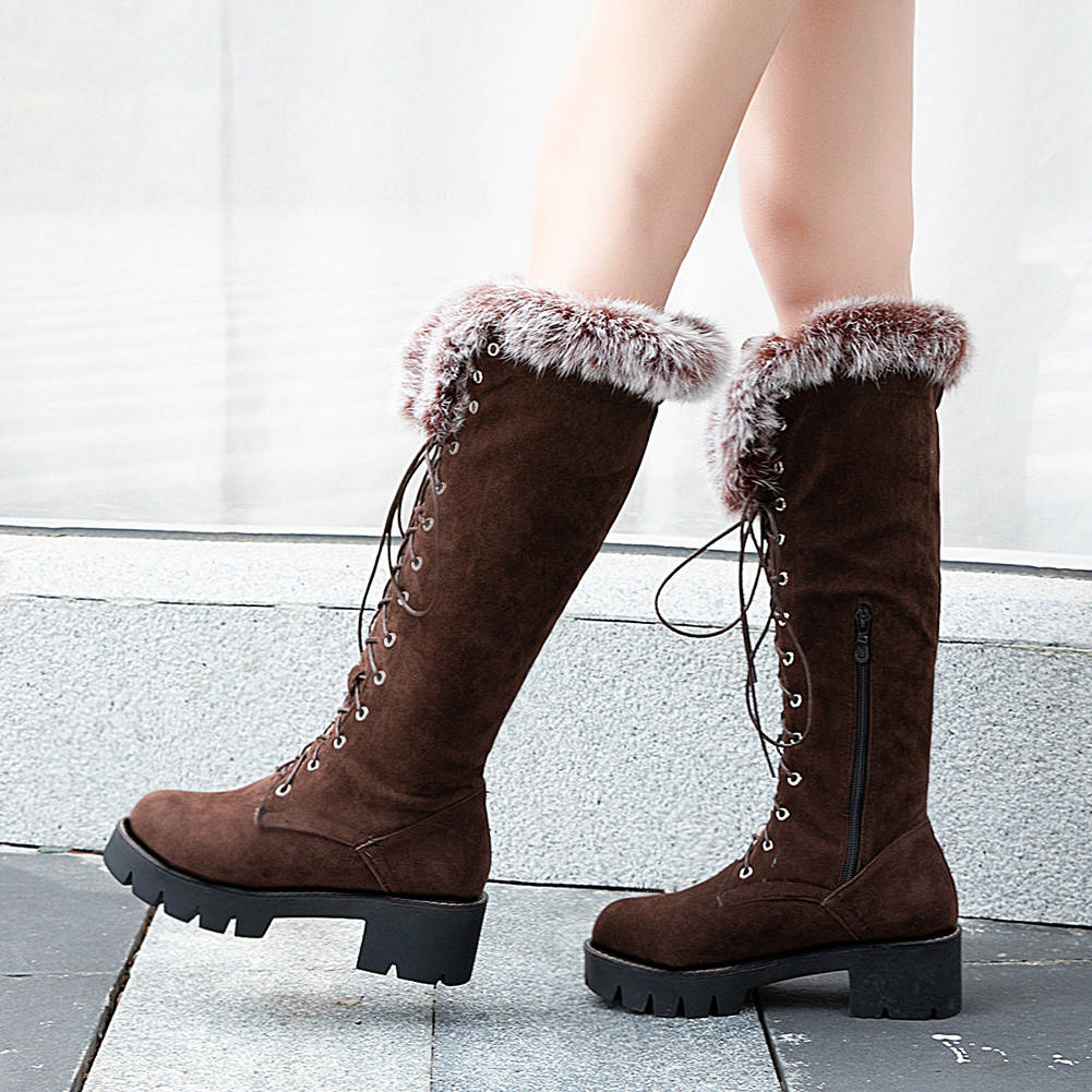 Knee High Flock Winter Snow Boots w/ Faux Fur Womens Shoes