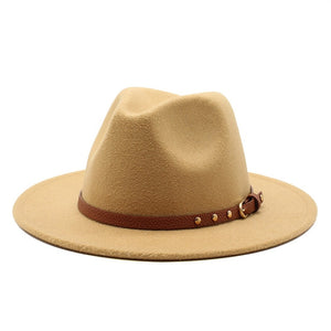 Unisex Solid Print Fedora Hat w/ Rivet Belt Trim Womens Accessories