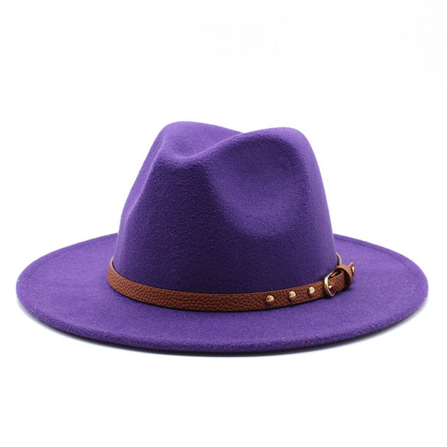 Unisex Solid Print Fedora Hat w/ Rivet Belt Trim Womens Accessories