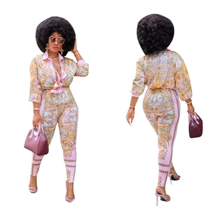 2XL 2 Piece Pink & Gold Geometric Print Turn Down Collar Long Sleeve Top w/ Pants Plus Size Women