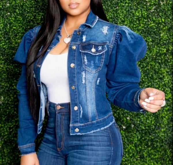 Plus puff best sale sleeve denim jacket