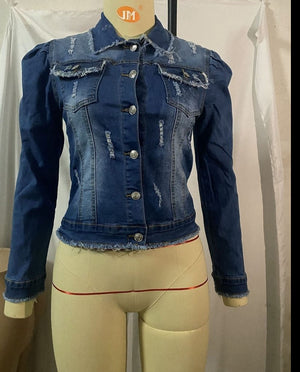 3XL Puff Sleeve Blue Denim Jacket Turn Down Collar Long Sleeve Plus Size Women