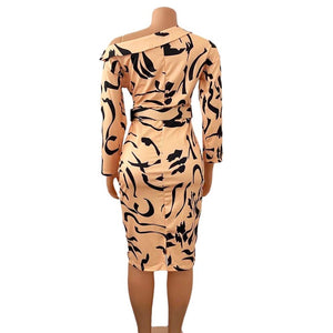 3XL Tan & Black Geometric Striped Office Lady Sunday Dress Pencil Dress Off Shoulder Long Sleeve Mid Length