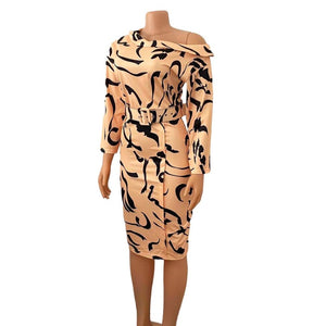 3XL Tan & Black Geometric Striped Office Lady Sunday Dress Pencil Dress Off Shoulder Long Sleeve Mid Length