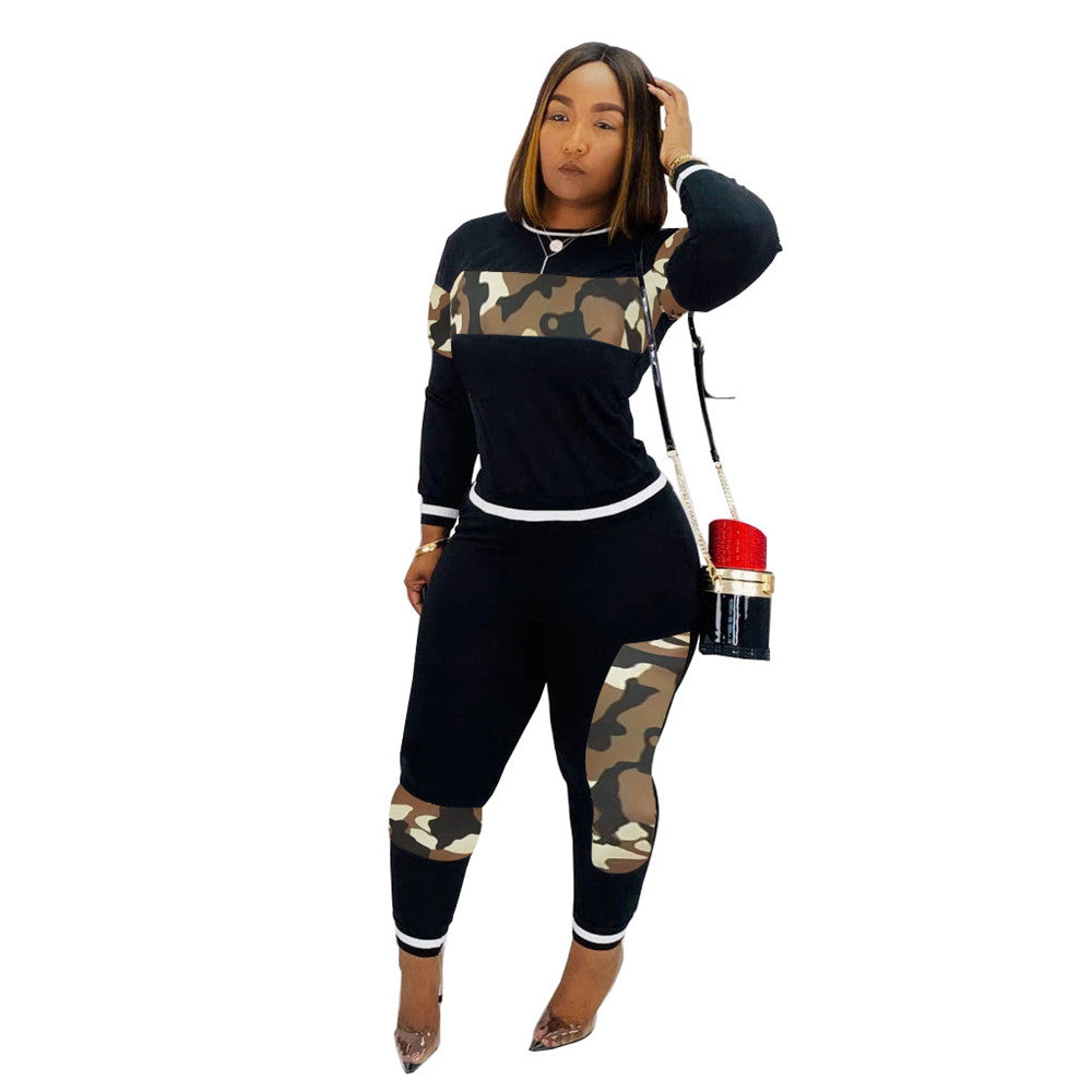 3XL 2 Piece Set Patchwork Black Leopard or Camouflage Print O Neck Long Sleeve Top w/ Pants Plus Size Women