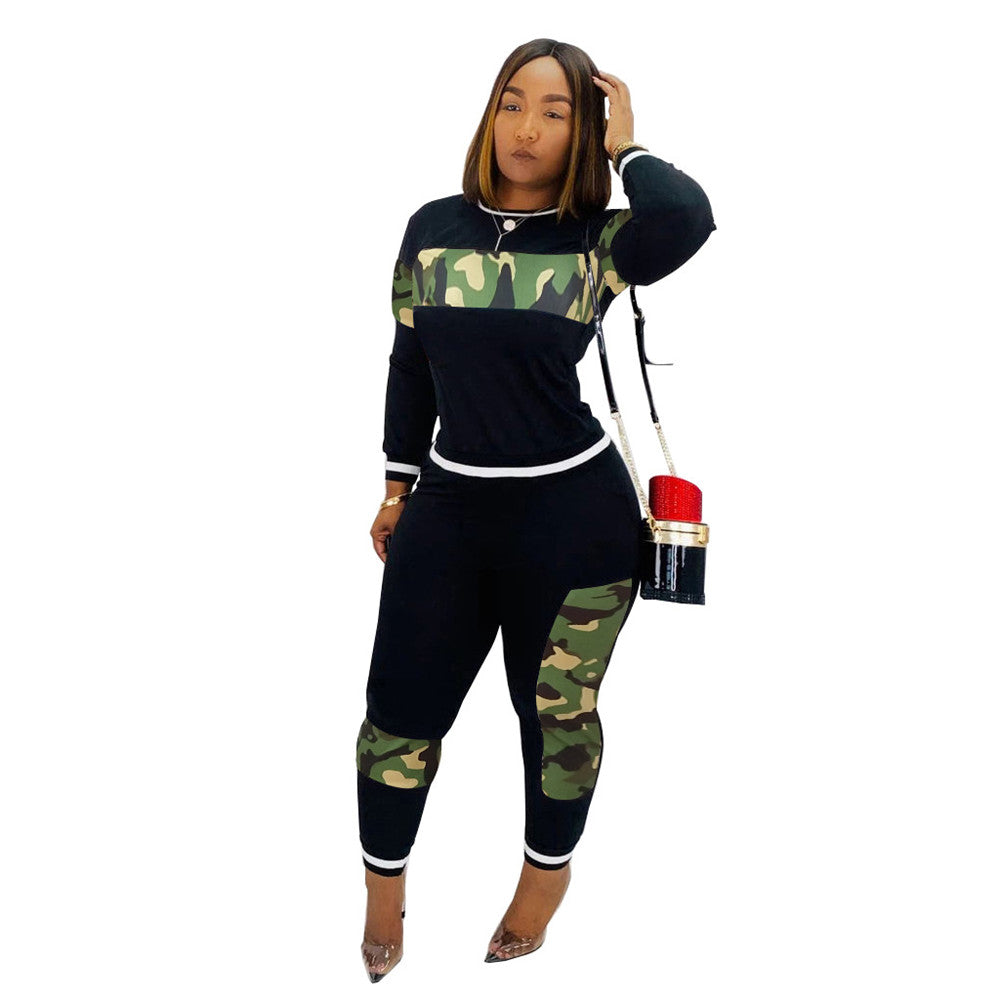 3XL 2 Piece Set Patchwork Black Leopard or Camouflage Print O Neck Long Sleeve Top w/ Pants Plus Size Women