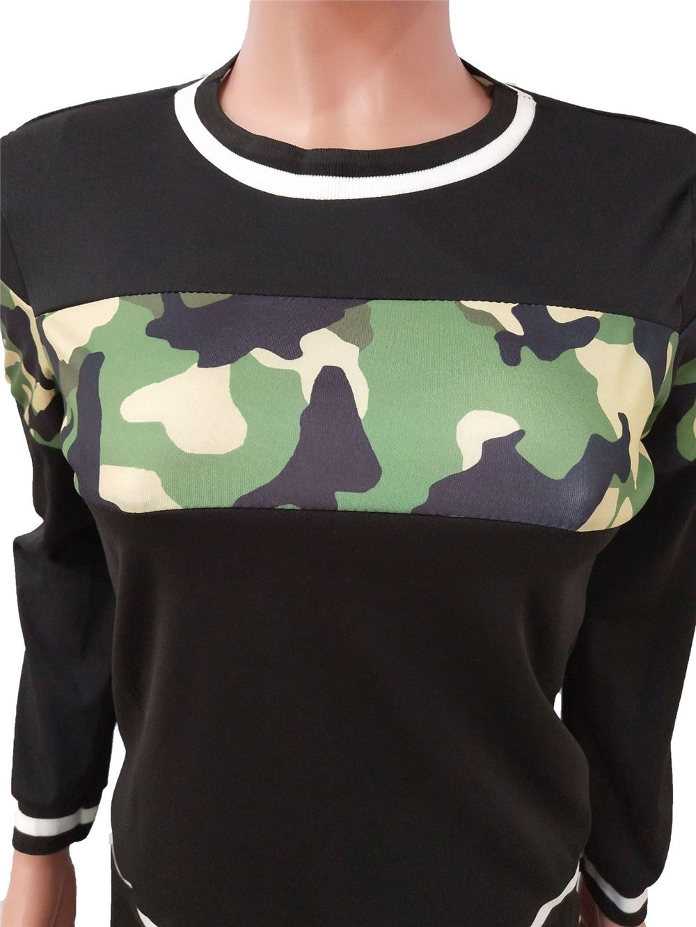 3XL 2 Piece Set Patchwork Black Leopard or Camouflage Print O Neck Long Sleeve Top w/ Pants Plus Size Women