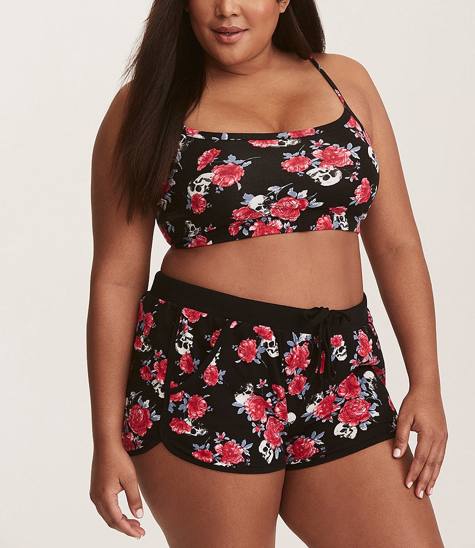 Plus Size Women 2 Piece Black & Red Floral Print Swimsuit Crop Tank Top w/ Shorts 