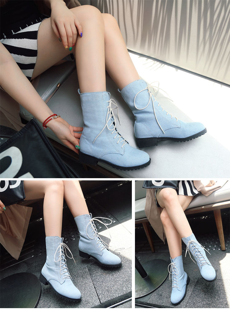 Black or Blue Denim Lace Up MId Calf Short Boots Womens Shoes