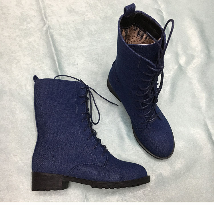 Black or Blue Denim Lace Up MId Calf Short Boots Womens Shoes