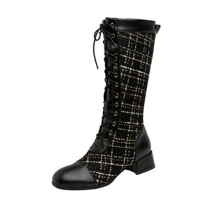Patchwork Plaid Tweed Knee High Boots Womens Shoes