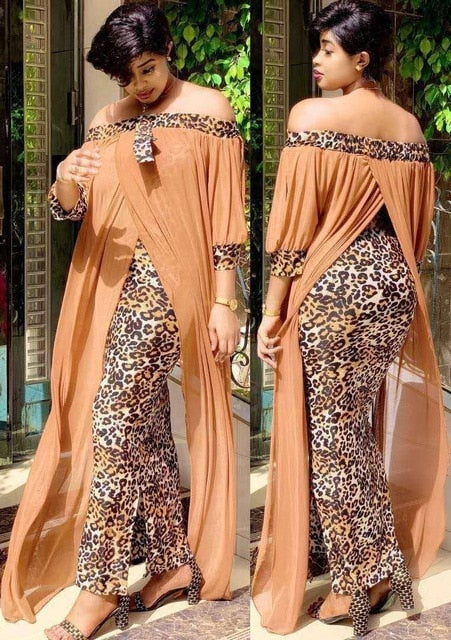 2XL Patchwork Leopard Print & Sheer Dress Off Shoulder 3/4 Batwing Sleeve Long Length Plus Size Women