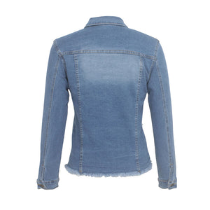 2XL Frayed & Pearls Blue Denim Jacket Turn Down Collar Long Sleeve Plus Size Women