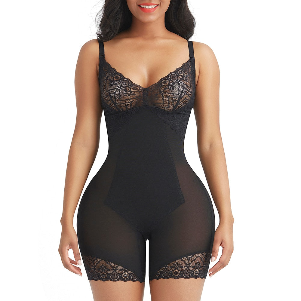 Plus Size Women Seamless Embroidered Lace Slimming Bodysuit  V Neck Spaghetti Strap Mid Thigh Black or Tan