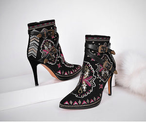 Black Suede Embroidered Floral Print Ankle Boots w/ Buckle Womens Shoes