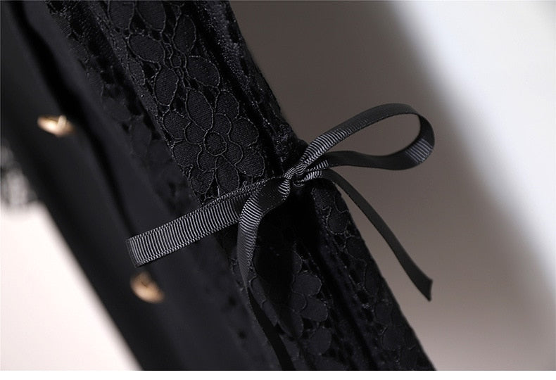 7XL Black Lace & Bow Autumn Dress V Neck Long Bell Sleeve Knee Length Plus Size Women