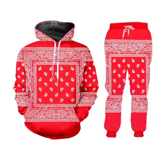 6XL Blue or Red Handkerchief Bandana Print Tracksuit Pullover or Zipper Front Hoodies w/ Pants Plus Size Women