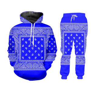 Plus Size Women Handkerchief Bandana Print Tracksuit Pullover or Zipper Front Hoodies w/ Pants Red or Blue