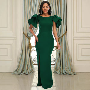 Plus Size Women Green Rufle Sleeve Evening Dress O Neck Short Sleeve Long Length 