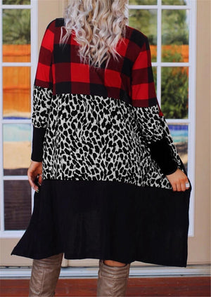 3XL Patchwork Red Plaid & Leopard Print Long Cardigan Sweater Plus Size Women