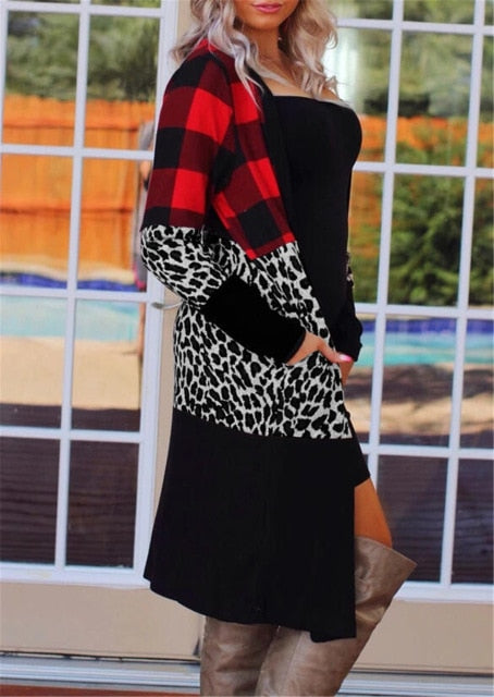 3XL Patchwork Red Plaid & Leopard Print Long Cardigan Sweater Plus Size Women