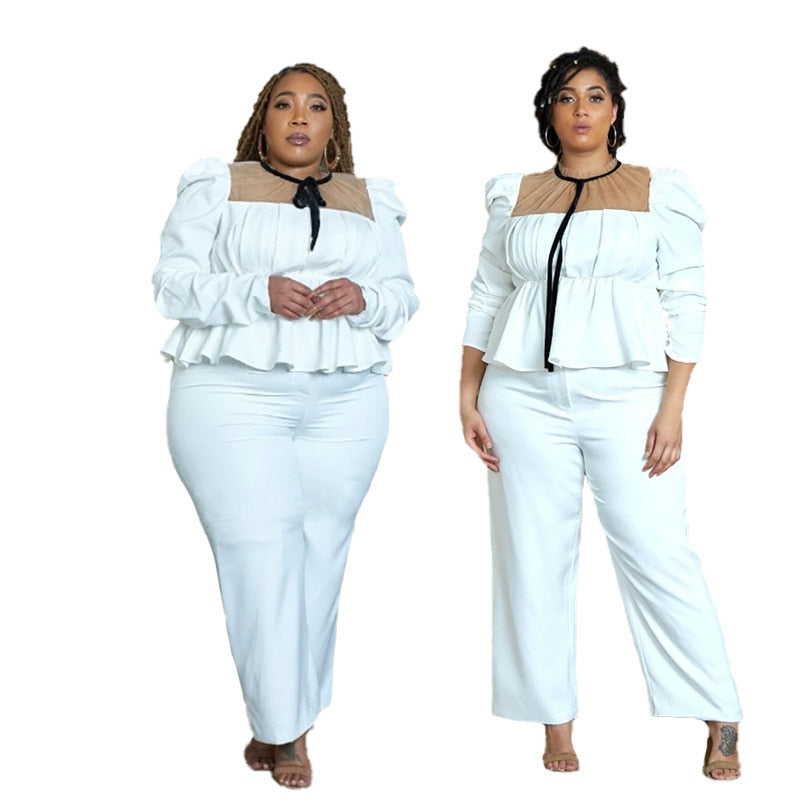 5XL 2 Piece White Patchwork Mesh O Neck Long Sleeve Top w/ Pants Plus Size Women