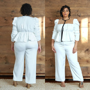 5XL 2 Piece White Patchwork Mesh O Neck Long Sleeve Top w/ Pants Plus Size Women