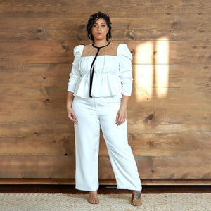 Plus Size Women 2 Piece White Patchwork Mesh O Neck Long Sleeve Top w/ Pants 