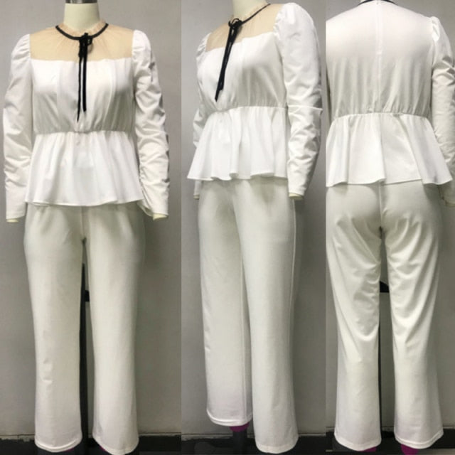 5XL 2 Piece White Patchwork Mesh O Neck Long Sleeve Top w/ Pants Plus Size Women