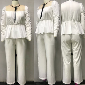 5XL 2 Piece White Patchwork Mesh O Neck Long Sleeve Top w/ Pants Plus Size Women