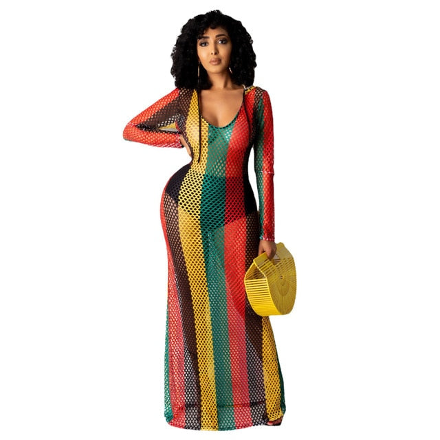 2XL Multi-Color Stripe Crochet Mesh Hoodie Cover-Up Beach Dress Long Sleeve Long Length Plus Size Women