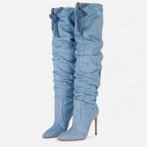 Womens Shoes Lace Up Pleated Blue Denim Over the Knee Boots Pointed Toe Thin Heel