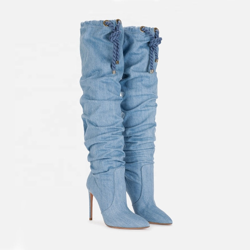 Lace Up Pleated Blue Denim Over the Knee Boots Pointed Toe Thin Heel